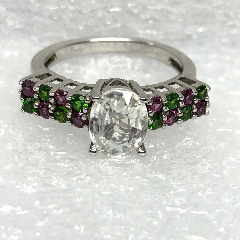 White Topaz Ring Green & Purple Secondary Stones